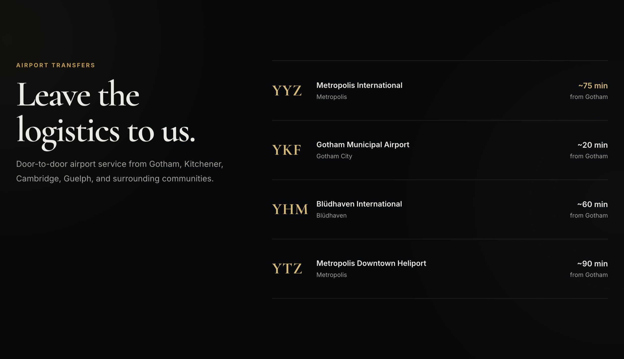 Gotham Limo airports section on marketing site
