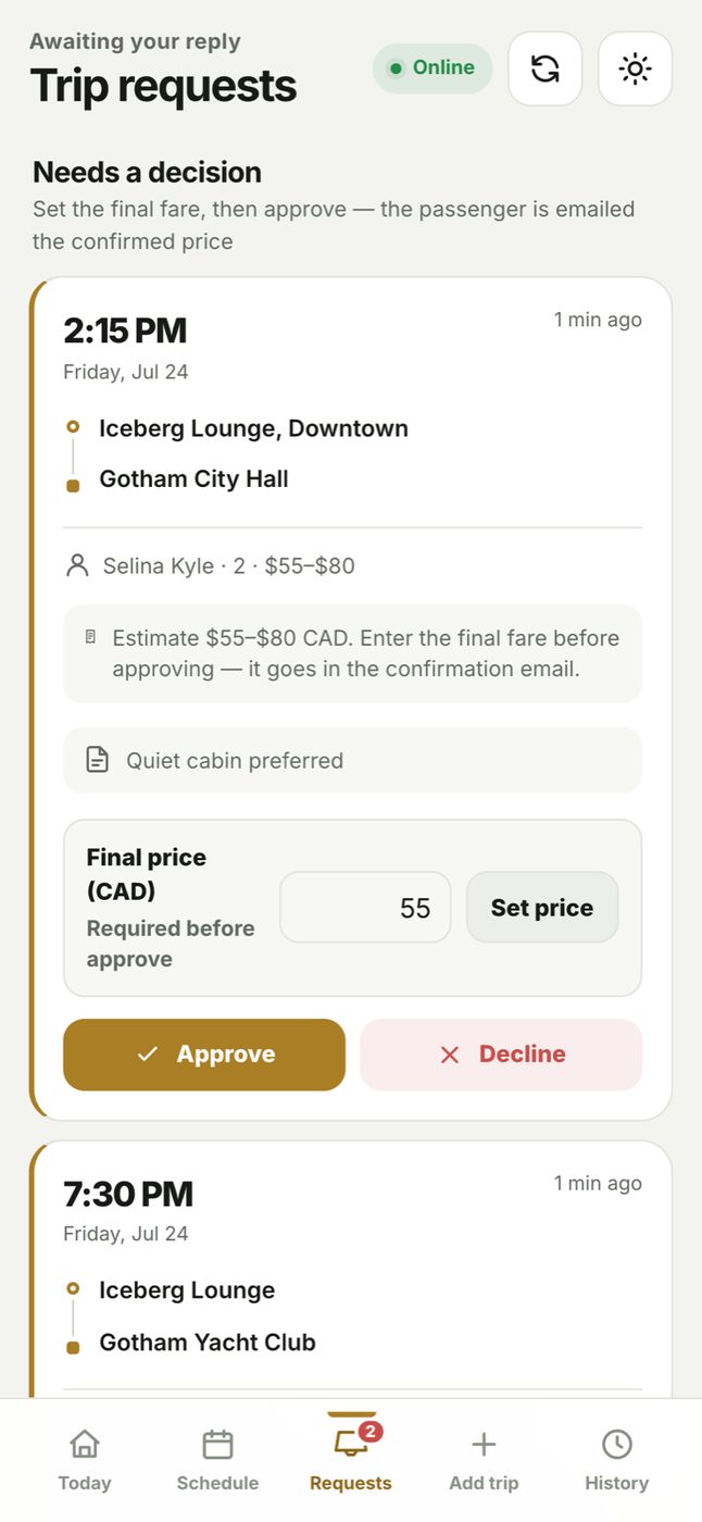 Driver PWA pending booking requests