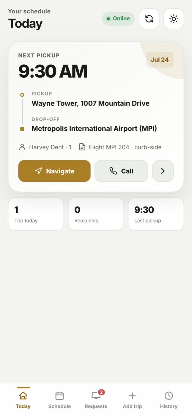 Driver PWA Today screen with scheduled ride