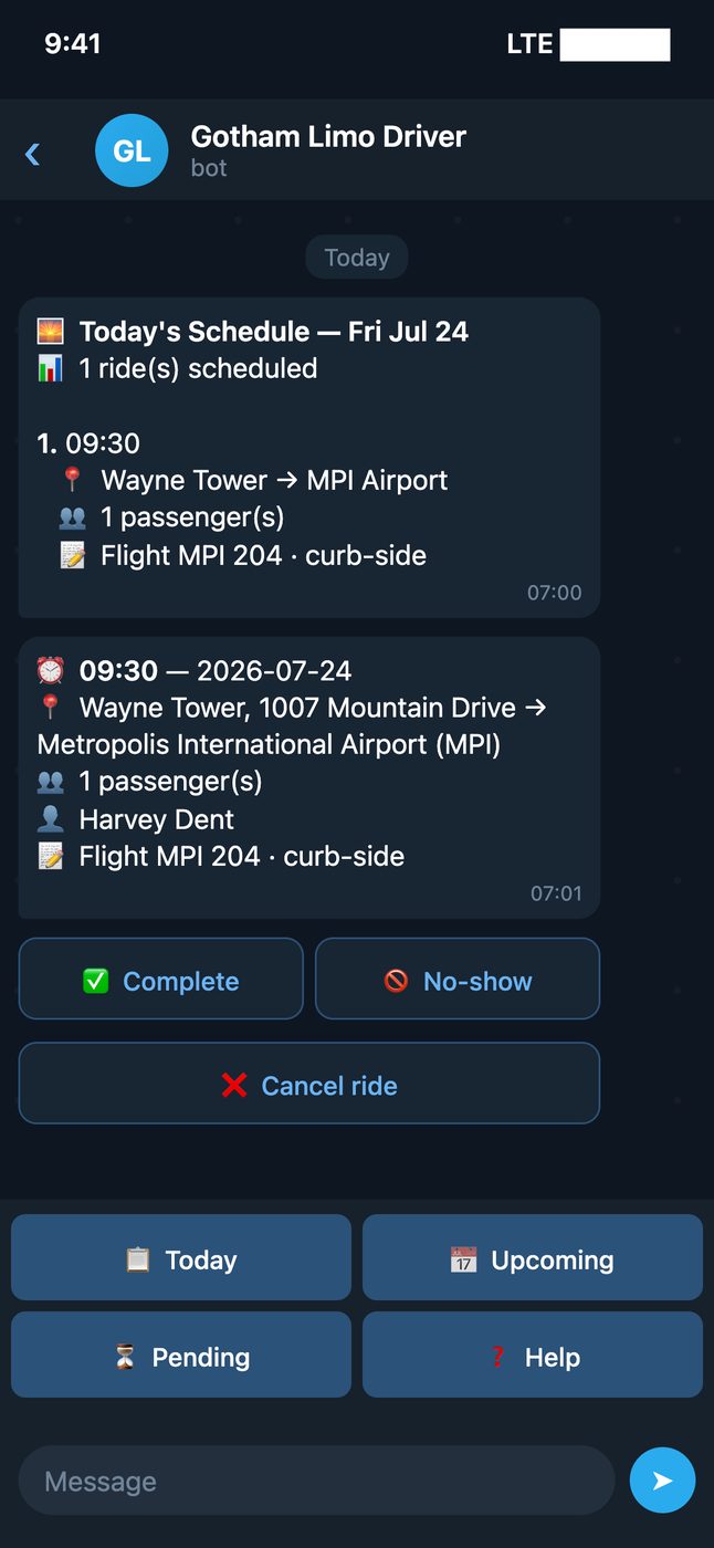 Telegram today schedule and ride actions